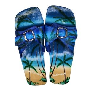 Dollhouse Wooden Wedge Slides Slip-On Sandals Shoes Tropical Leather Size 9